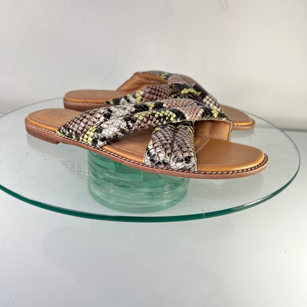 Madewell skyler slide sandals snake print leather brown green cross strap